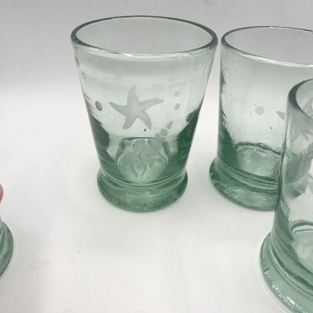 Set Of 4 Hand Blown Green Glass Etched Starfish Shell 8 oz 4” Heavyweight Bottom